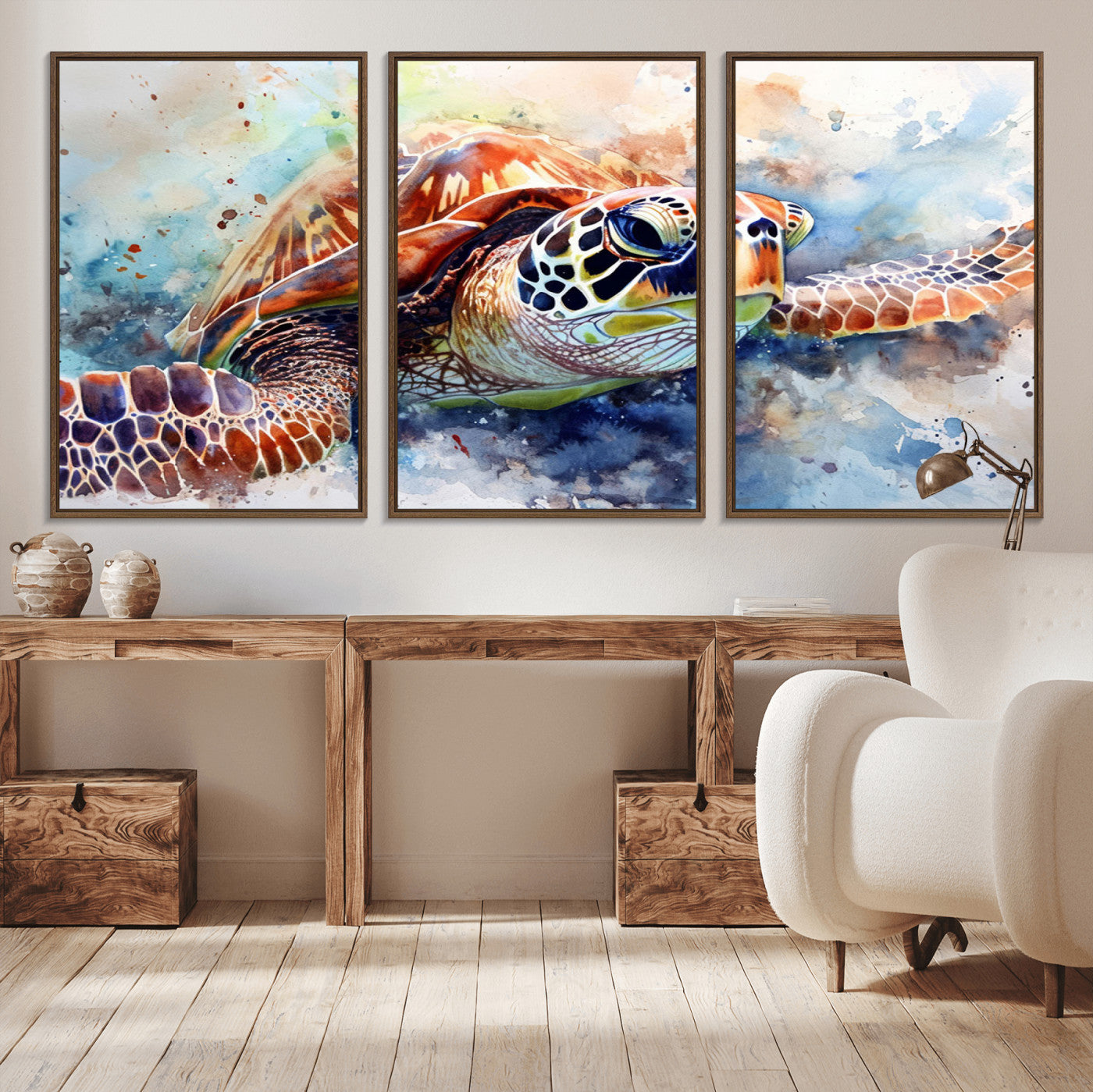 MGV-FC-60X30-3P - Watercolor Sea Turtle Wall Art Canvas Print - Vibrant Ocean Colors in Watercolor Style - Ready to
