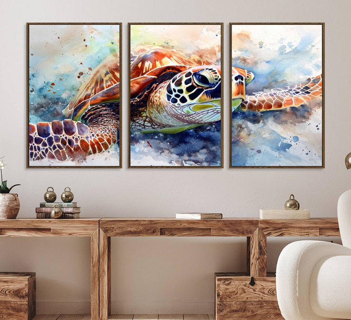 A Watercolor Sea Turtle Canvas Print with vibrant ocean colors adorns the wall.