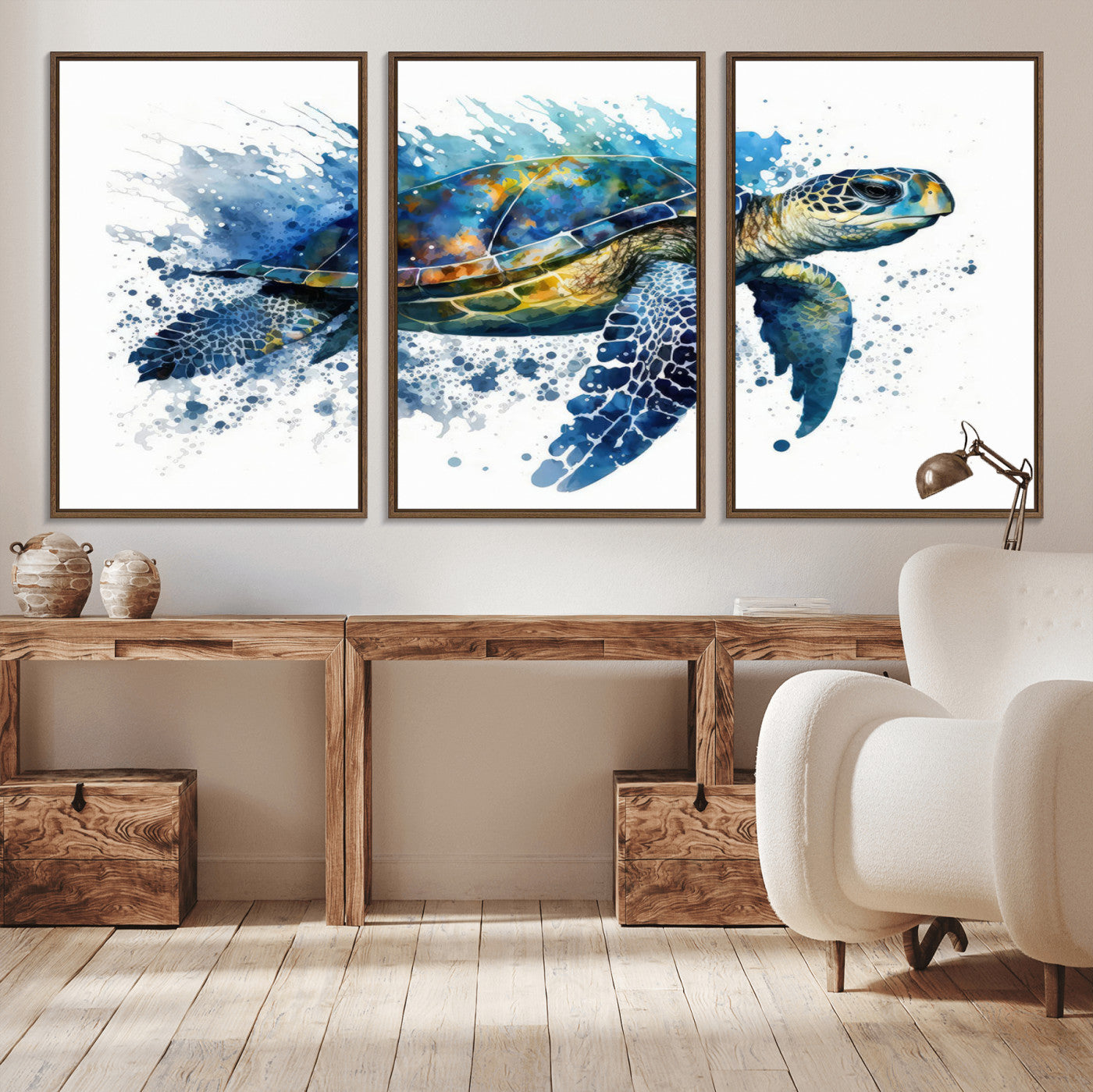 MGV-FC-60X30-3P - Turtle Wall Art Canvas Print, Framed Watercolor Turtle Art Picture Print, Ocean Life Perfect Nautical Decor Artwork