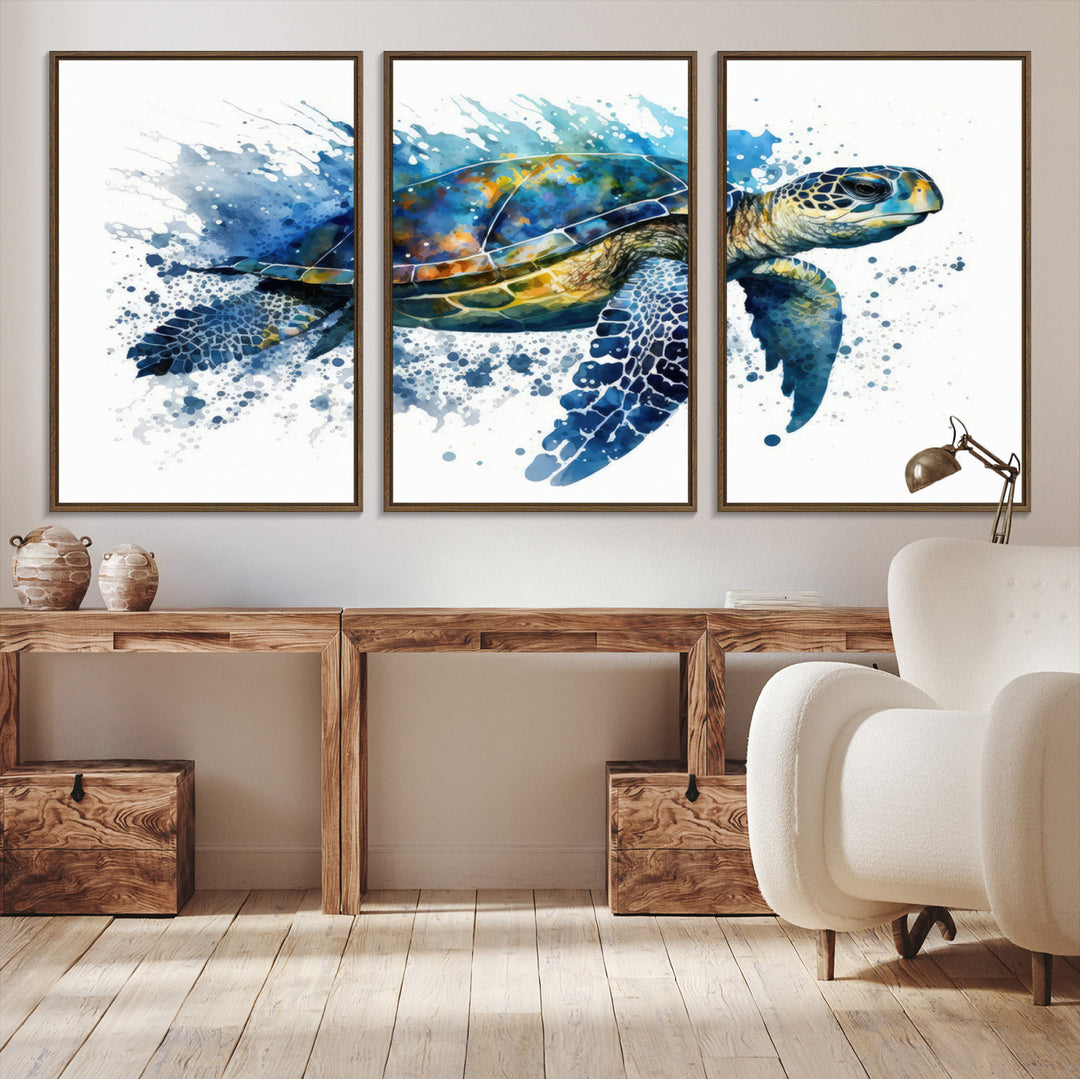 The Turtle Wall Art Print, featuring blue splashes, beautifully showcases Ocean Life.