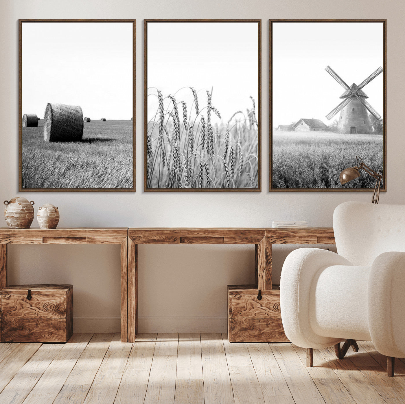 MGV-FC-60X30-3P - Vintage Farmhouse Black and White Triptych Wall Art – Giclee Canvas Featuring Wheat Fields, Hay