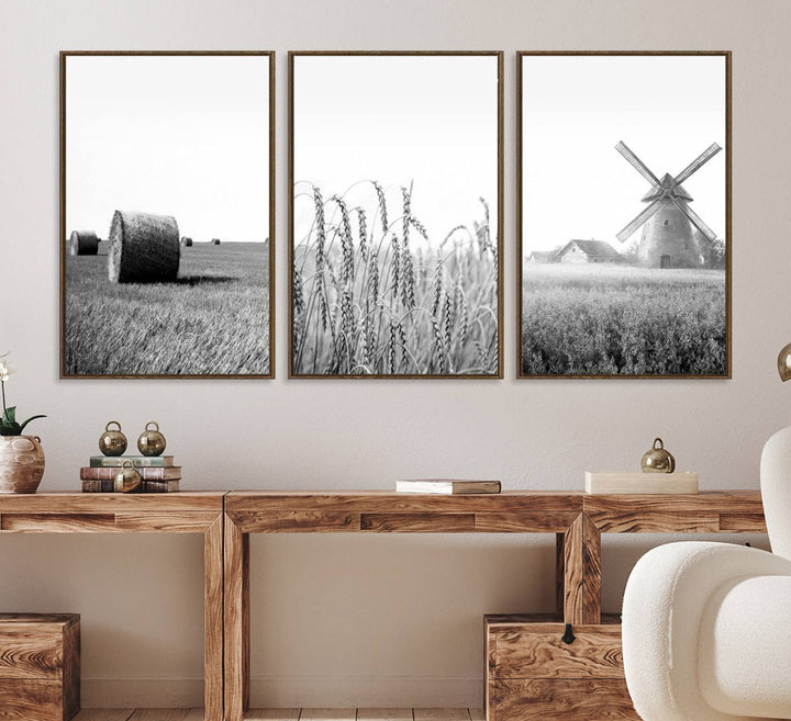 Vintage Farmhouse Black and White Triptych Wall Art – Giclee Canvas Featuring Wheat Fields, Hay Bales, and a Windmill for Rustic Home Decor