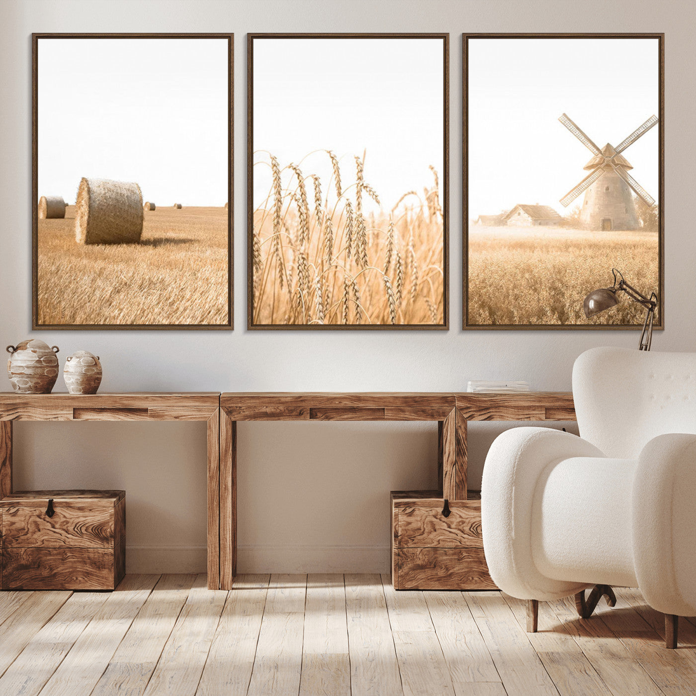 88780-MGV-CV-36X24-Vintage Farmhouse Triptych Wall Art – Giclée Canvas Featuring Wheat Fields, Hay Bales, and a