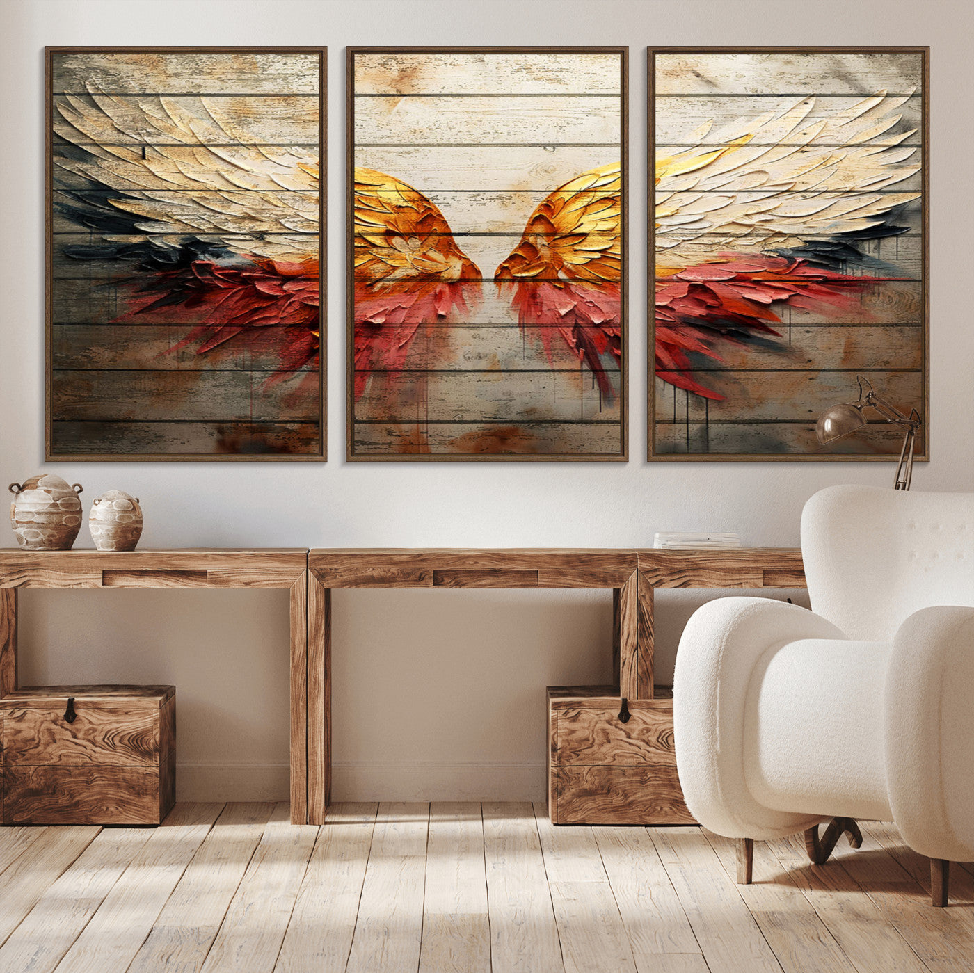 MGV-FC-60X30-3P - Abstract Angel Wings Canvas Wall Art – Framed and Ready to Hang Modern Angelic Wings Decor for