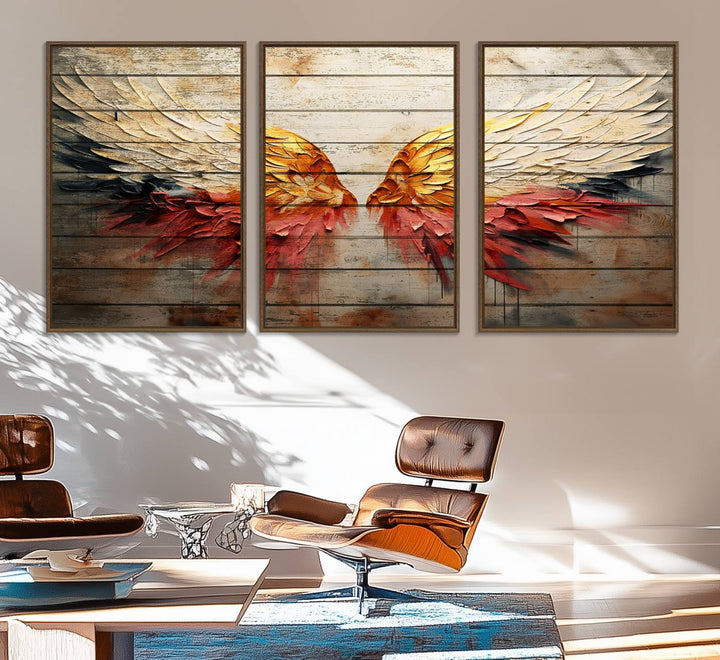 Abstract Angel Wings Canvas Art on a wooden backdrop.