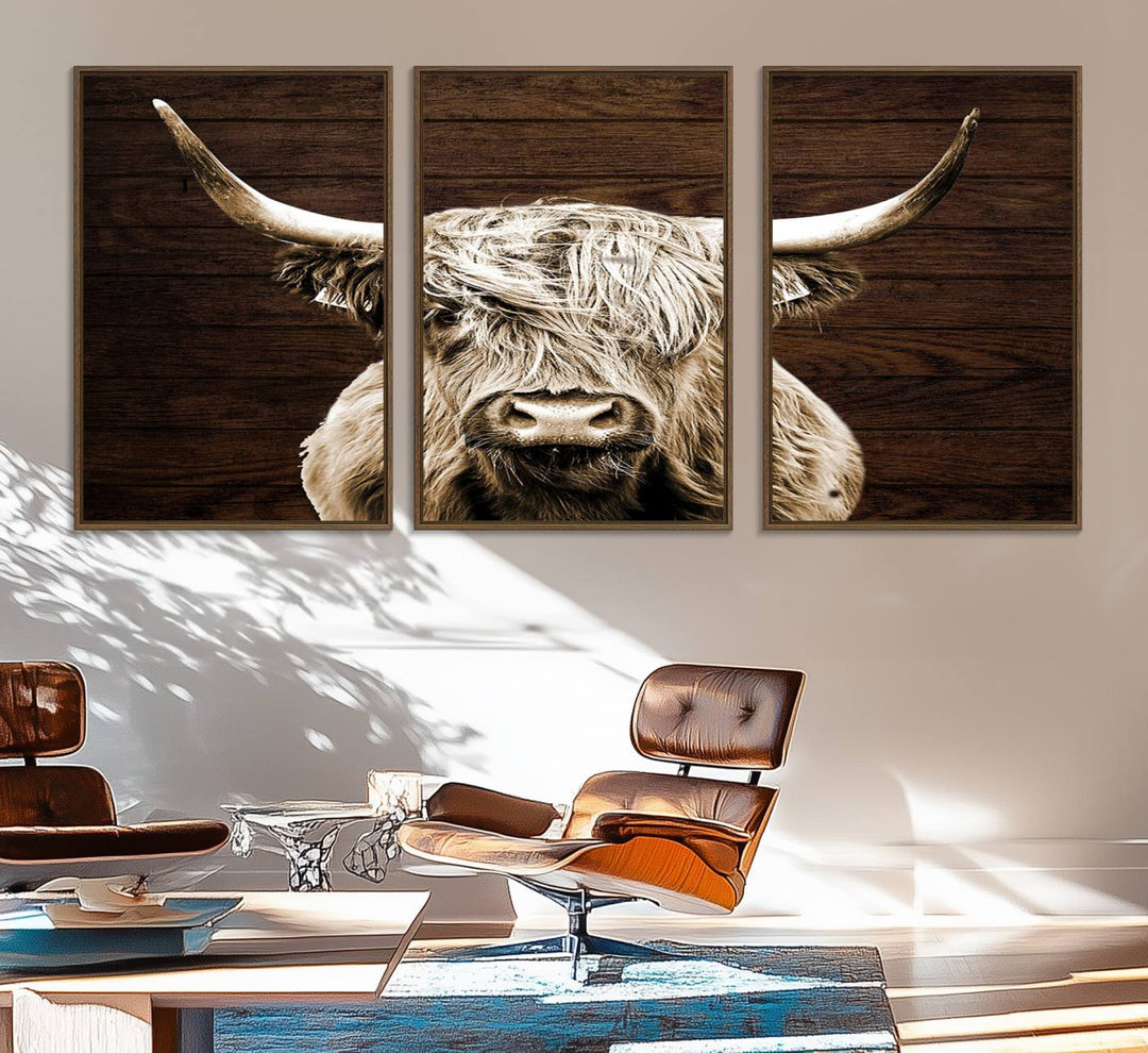 Highland Cow Wall Art Canvas Print: Majestic Scottish bull on rustic decor, ready to hang.