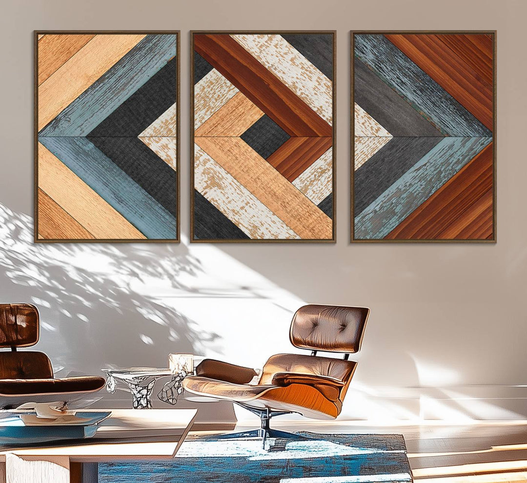 A Geometric Wood Art Wall Decor with a rustic pattern hangs prominently.