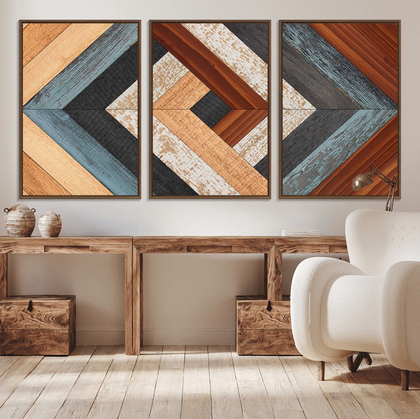 MGV-FC-60X30-3P - Geometric Wood Art Wall Decor Canvas Print, Rustic Wooden Pattern Triptych Wall Art for Living Room