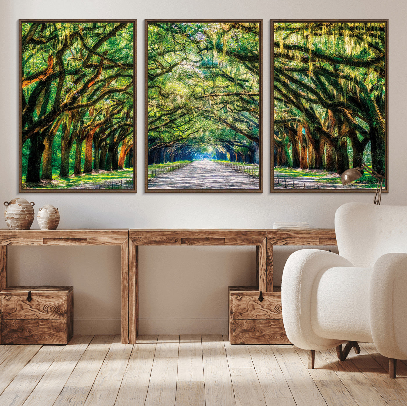 77105-MGV-FC-60X30-3P_Walnut-Serene Tree Tunnel Wall Art Canvas Print – Pathway Under Canopy of Lush Green Trees, Nature-Inspired