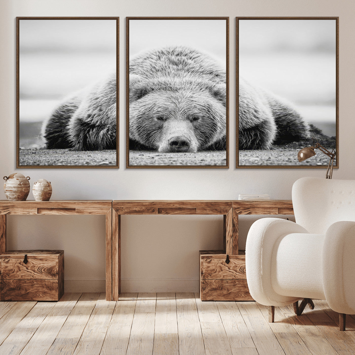 MGV-FC-60X30-3P - Resting Grizzly Bear Wall Art Canvas Print – Majestic Lazy Black and White Wildlife Bear Art,