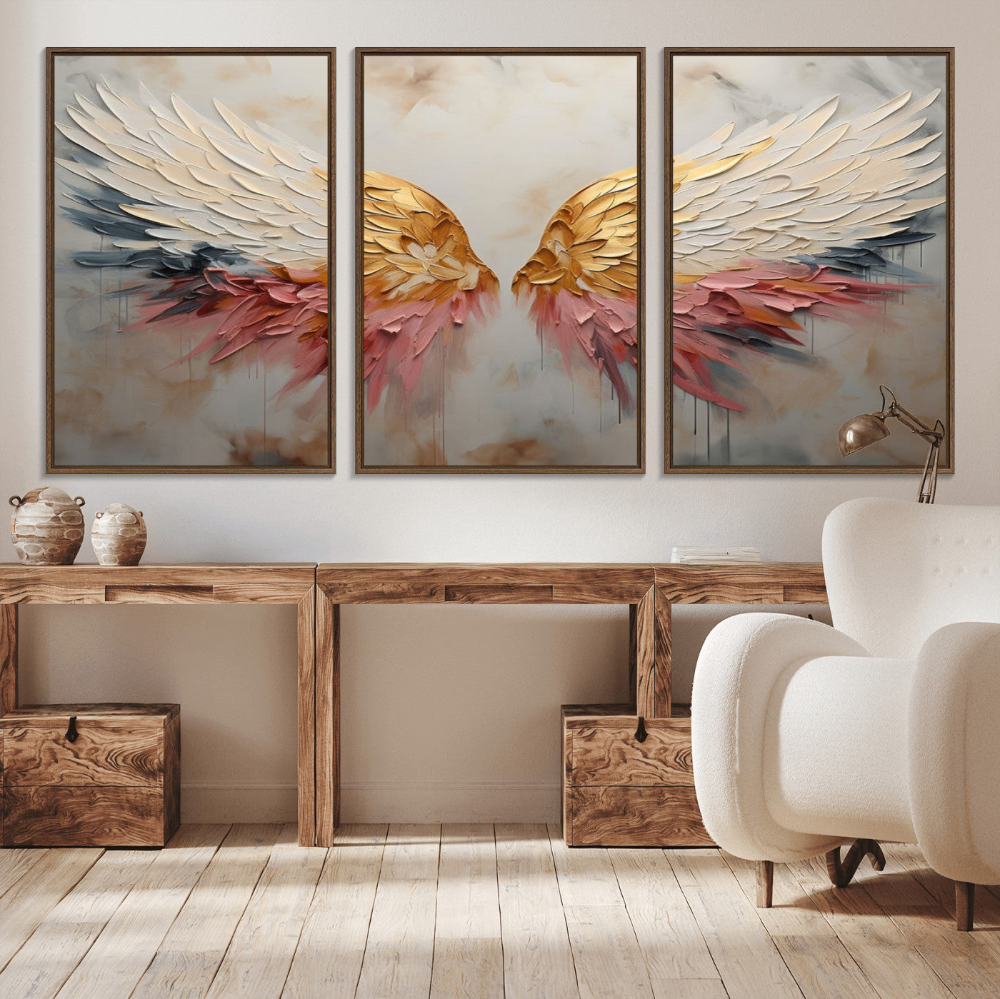 MGV-FC-60X30-3P - Golden Angel Wings Wall Art Canvas Print – Stunning Abstract Winged Art for Elegant Home Decor –