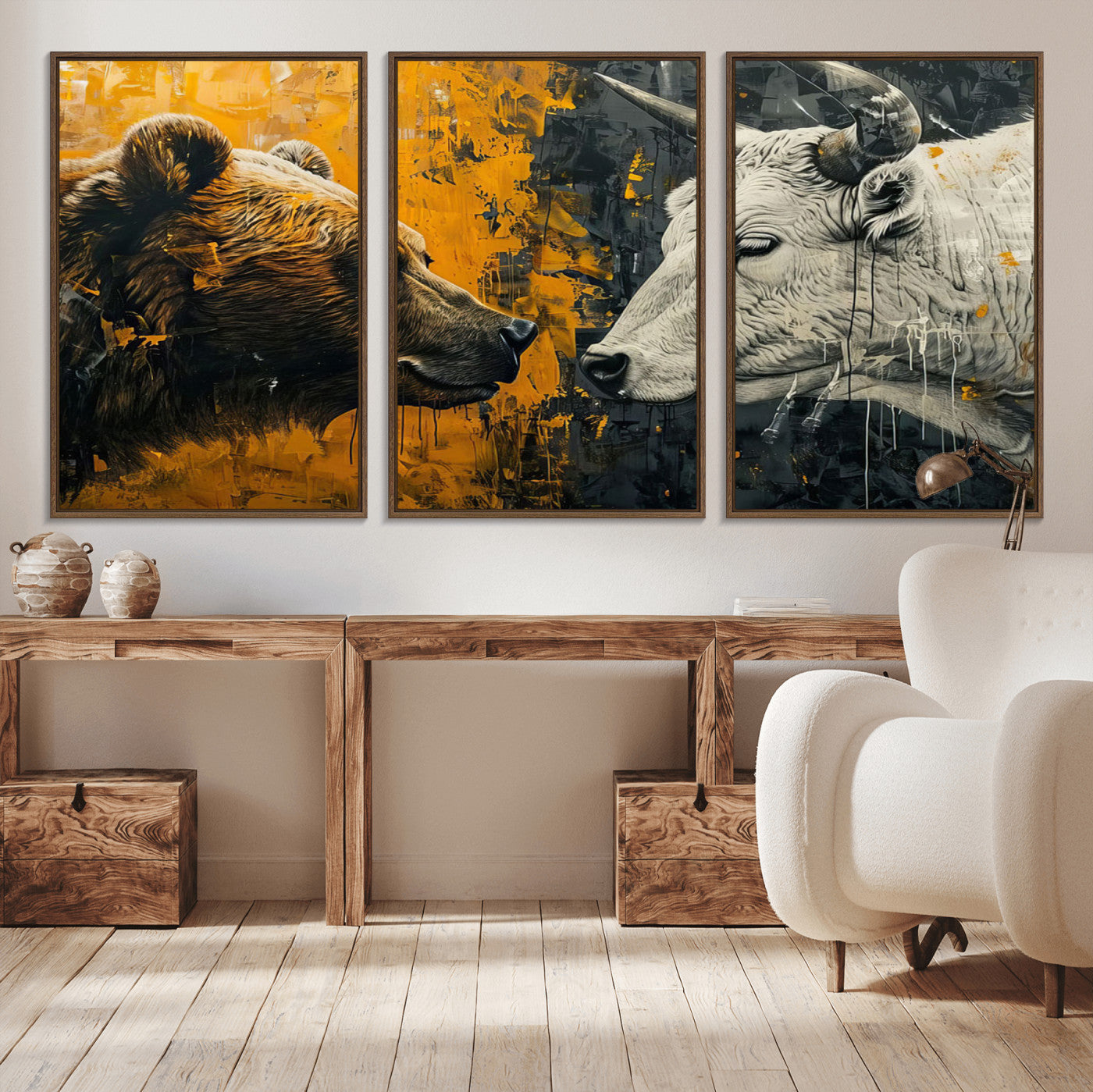 MGV-FC-60X30-3P - Bear and Bull Wall Art Canvas Print – Abstract Animal Portrait Painting for Modern Home Decor –