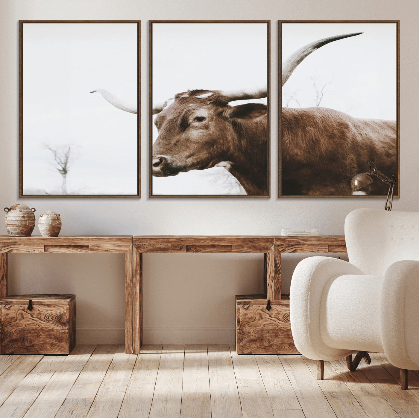 MGV-FC-60X30-3P - Rustic Bull Wall Art Canvas Print – Modern Longhorn Farmhouse Animal Decor – Abstract Farm Cow