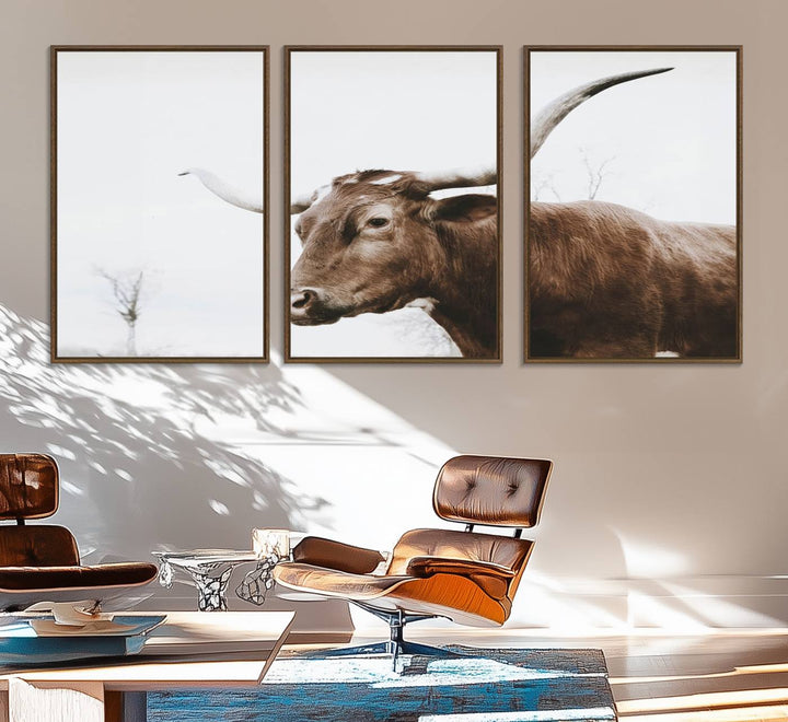 The Rustic Bull Wall Art Canvas decor hangs prominently on the wall.