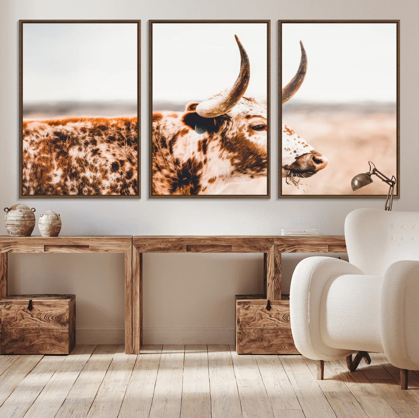 50356-MGV-FC-60X30-3P_Walnut-Speckled Bull Wall Art Canvas Print – Rustic Cow Longhorn Farmhouse Animal Decor – Western Longhorn