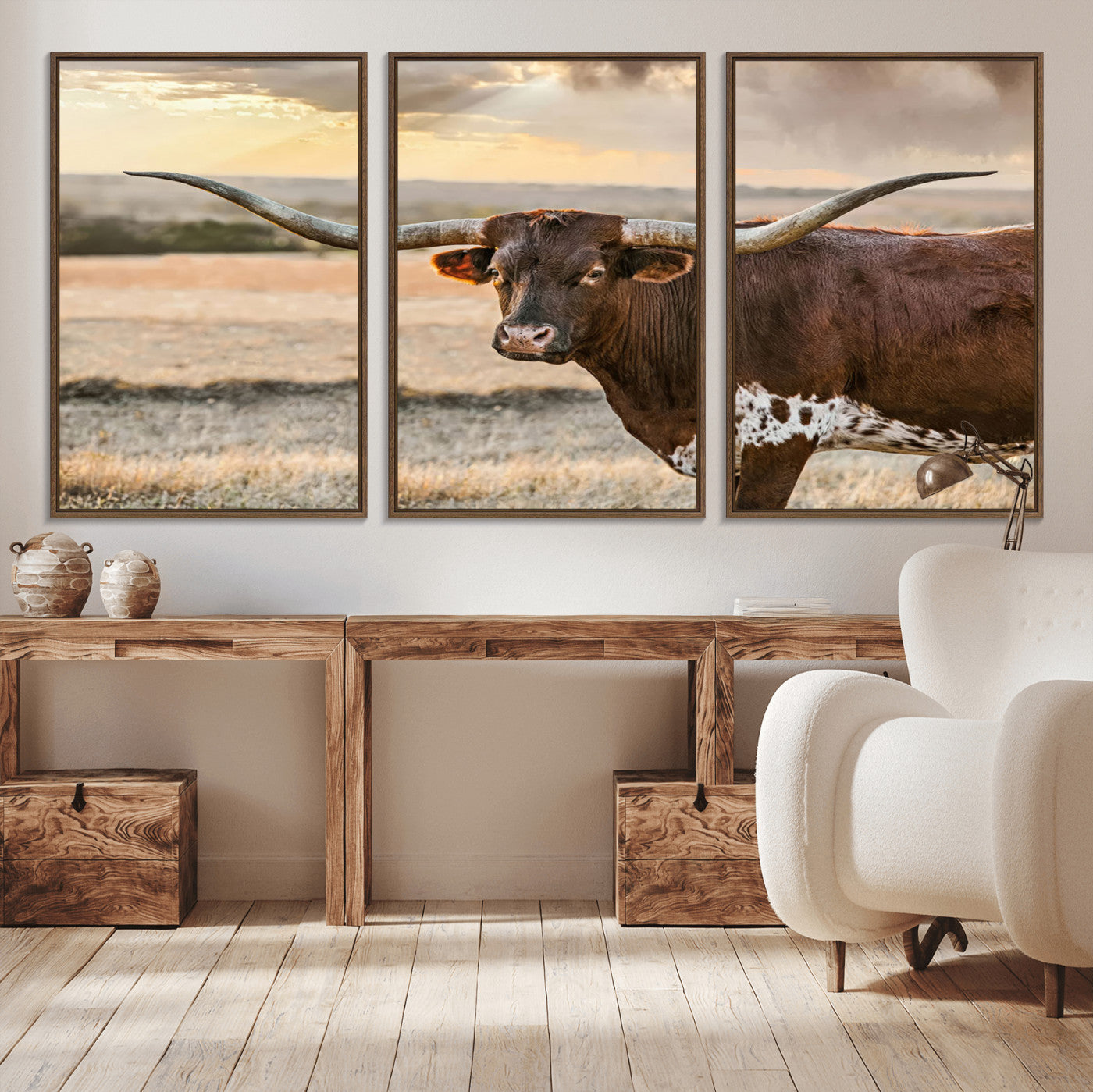 MGV-FC-60X30-3P - Texas Longhorn Wall Art Canvas Print, Rustic Ranch Decor, Majestic Western Longhorn Cattle