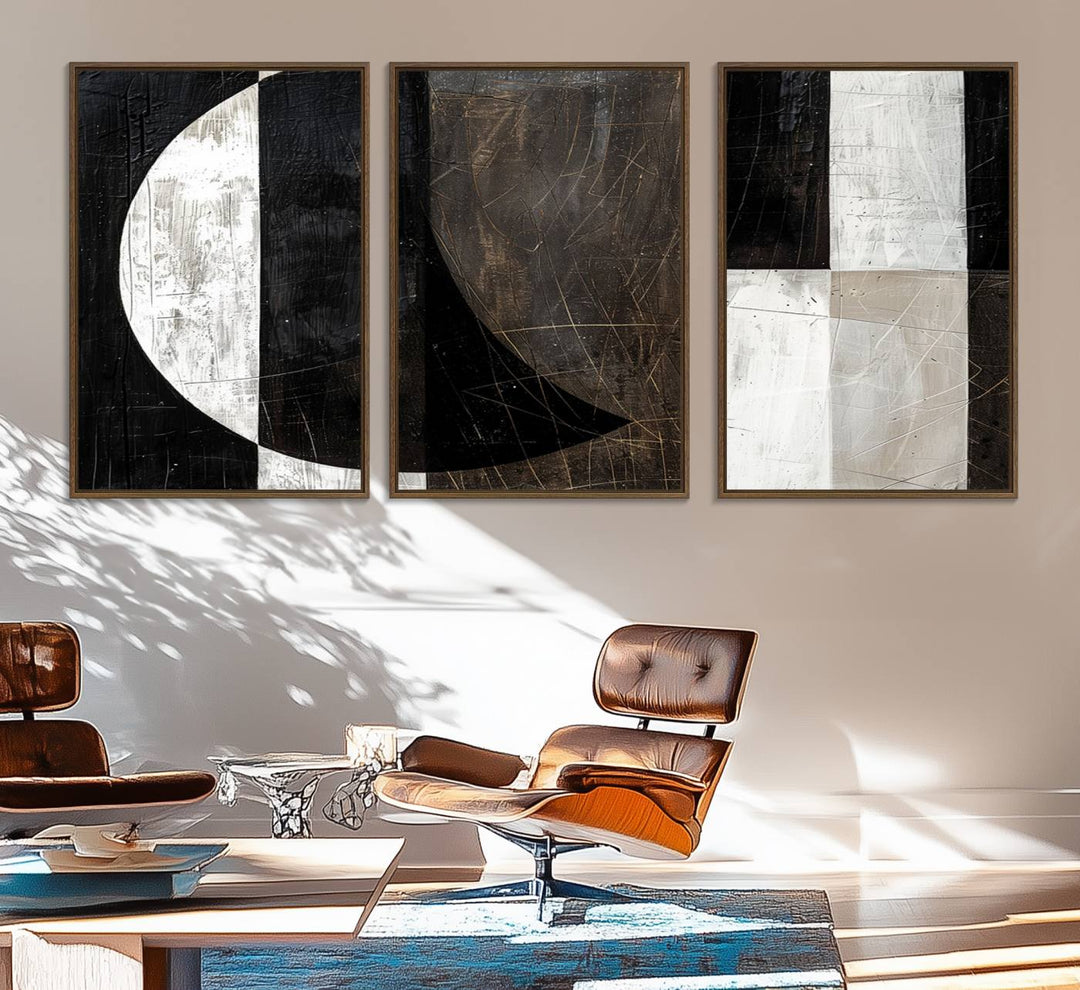 Wabi Sabi Wall Art Canvas Set features black, white, and brown geometric shapes.