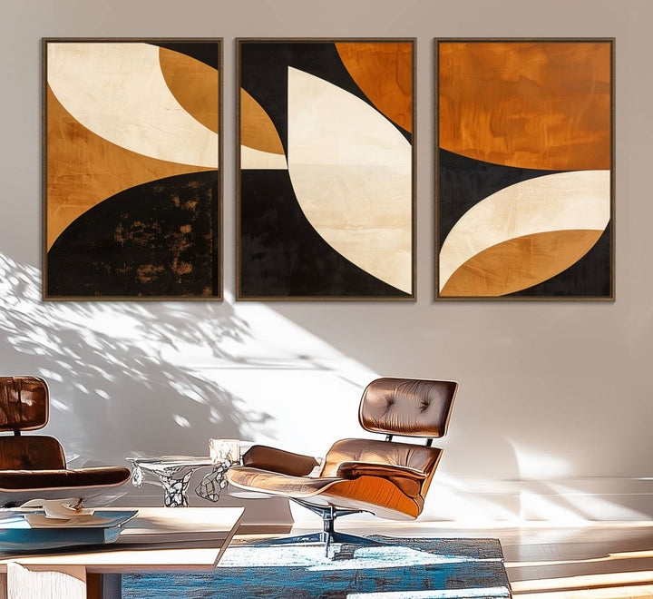 Geometric abstract wall art print featuring leaf shapes in brown, beige, and black.