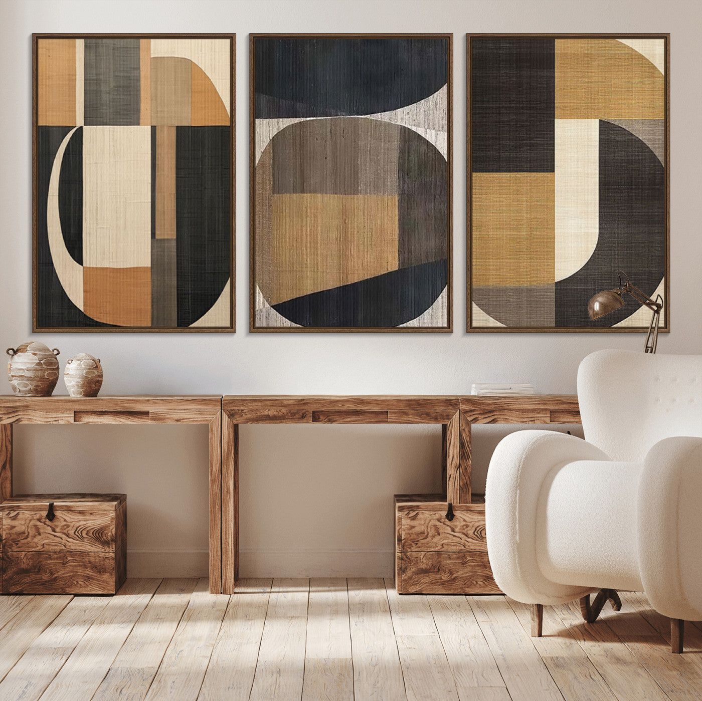 MGV-FC-60X30-3P - Modern Brown Wabi Sabi Abstract Wall Art Canvas Print Set, Minimalist Wall Art