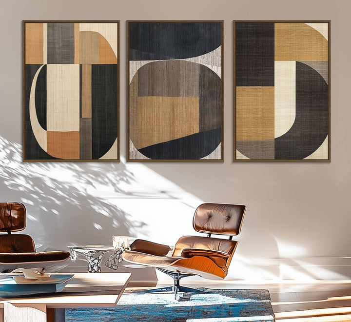 The Modern Brown Wabi Sabi Abstract Canvas Print Set hangs on the wall.