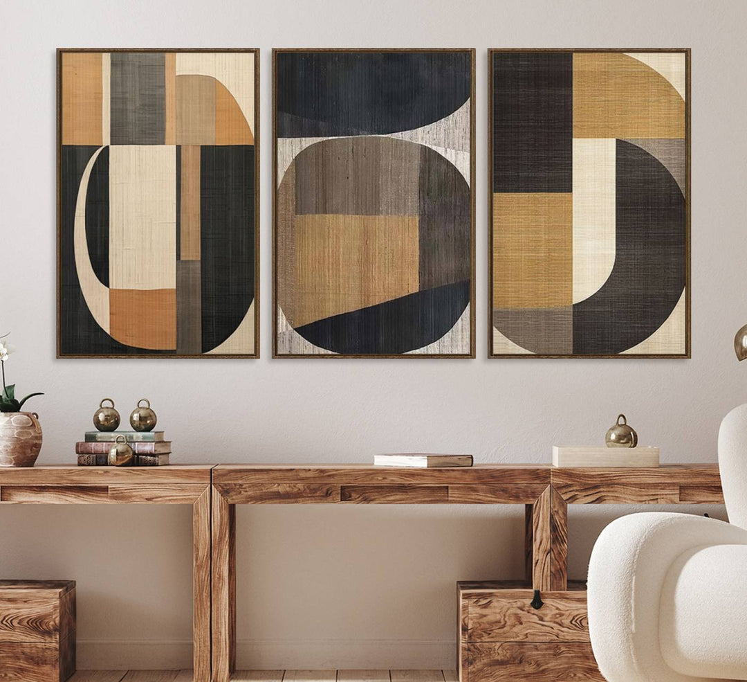 Framed Wabi Sabi Art Print: A modern minimalist geometric canvas featuring earthy tones and overlapping rounded shapes. Ready to hang.