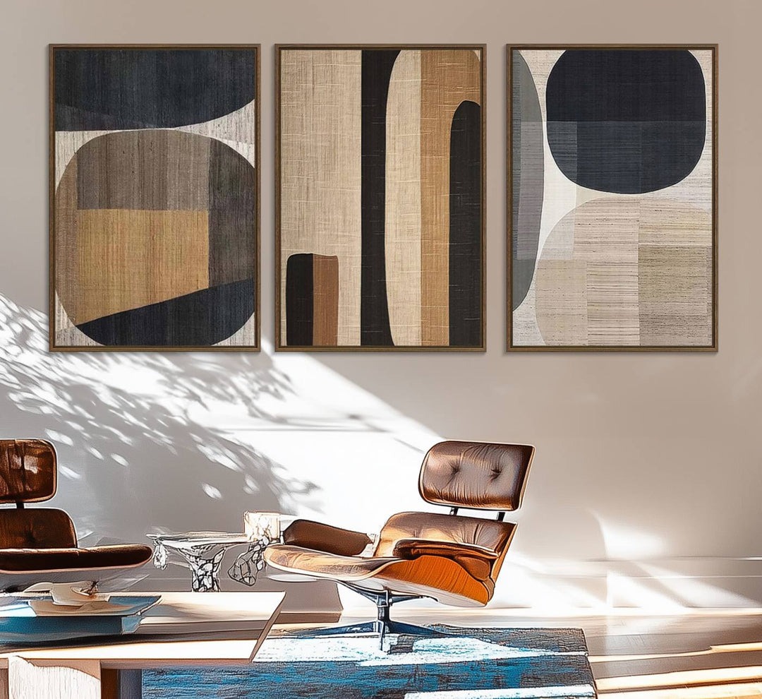 A modern dining room featuring neutral geometric boho abstract minimalist canvas art.