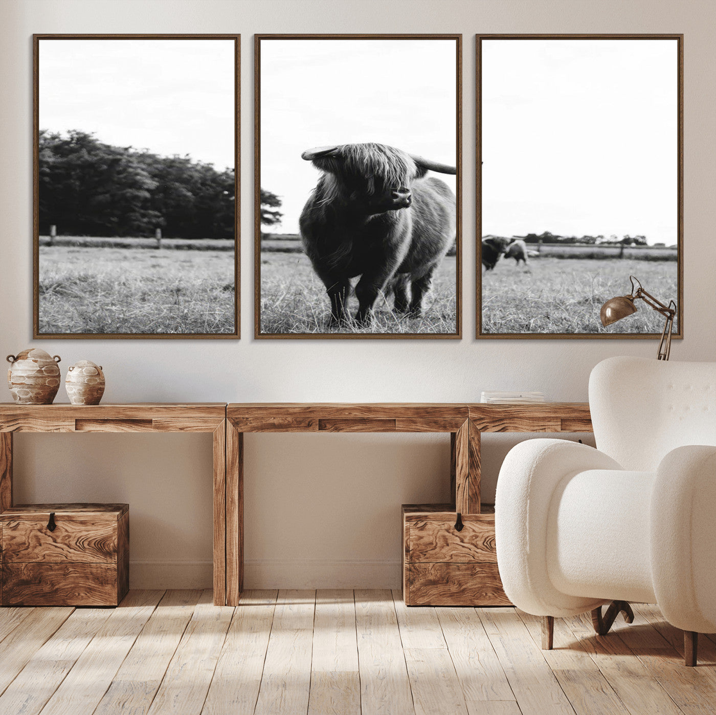 MGV-FC-60X30-3P - Black and White Highland Cow Wall Art Canvas Print | Rustic Western Decor for Living Room or Office,