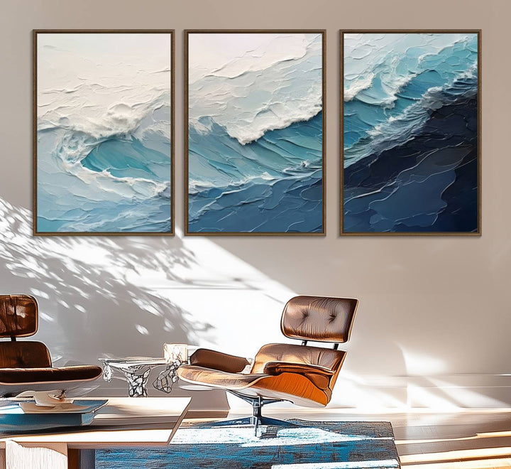 A Blue Abstract Wave Ocean Wall Art Canvas Print adorns the wall.