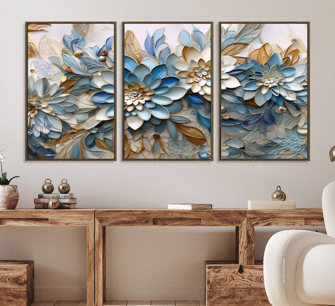 Blu Abstract Flower Canvas with blue, white, and gold petals—perfect home decor.