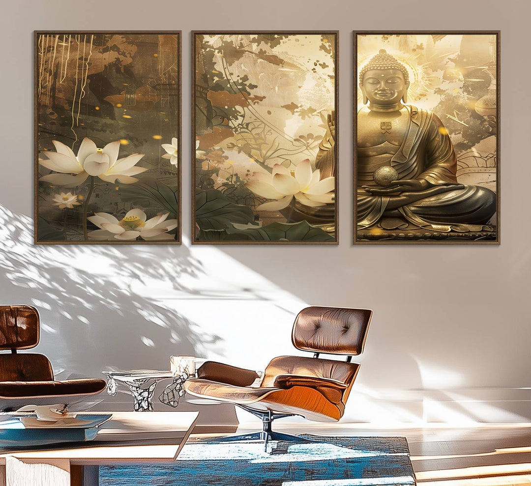 The living room features the Zen Buddha Wall Art Canvas Print with lotus flowers.