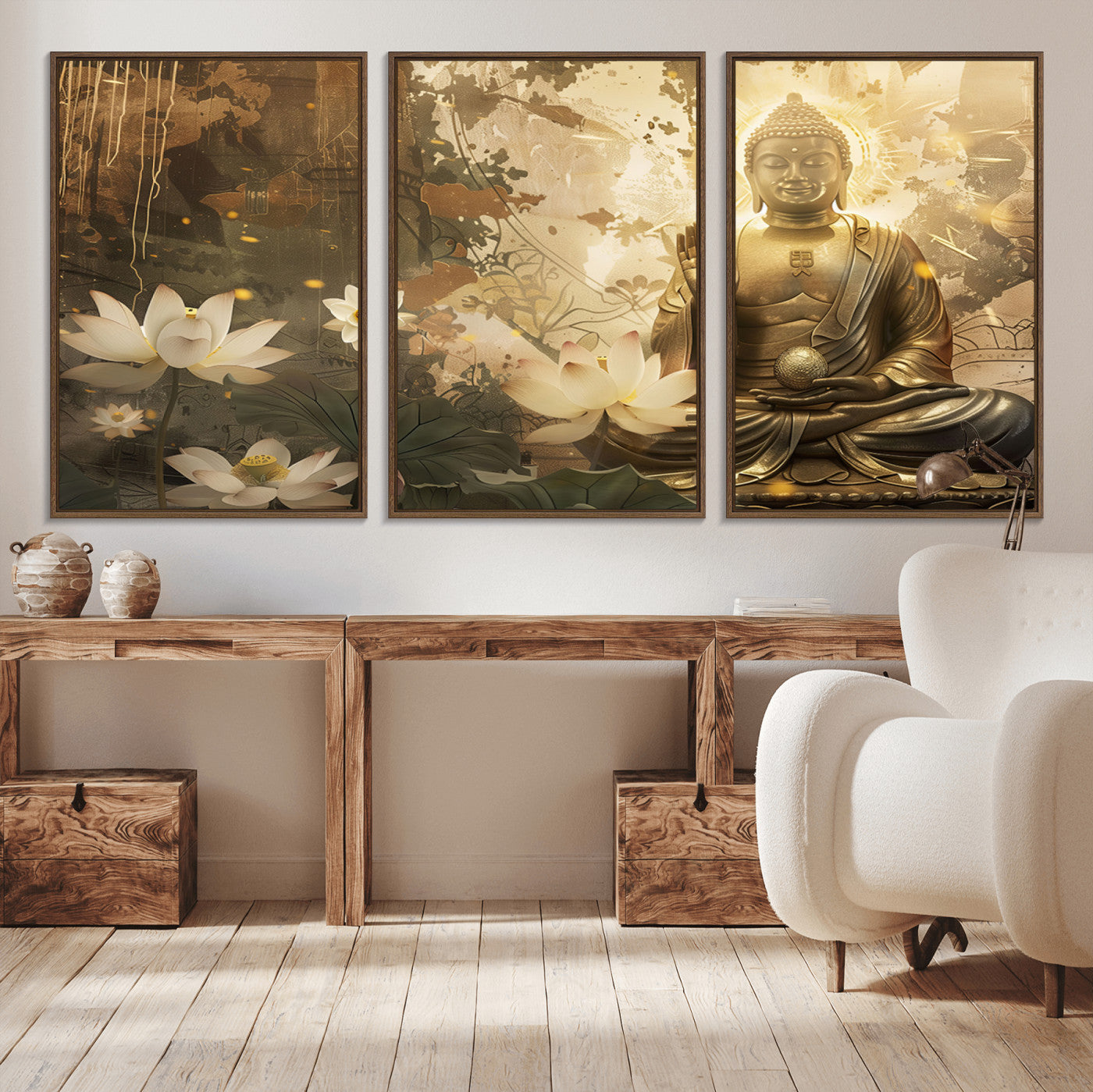 MGV-FC-60X30-3P - Zen Buddha Wall Art Canvas Print | Peaceful Meditation Decor with Lotus Flowers | Spiritual Serenity