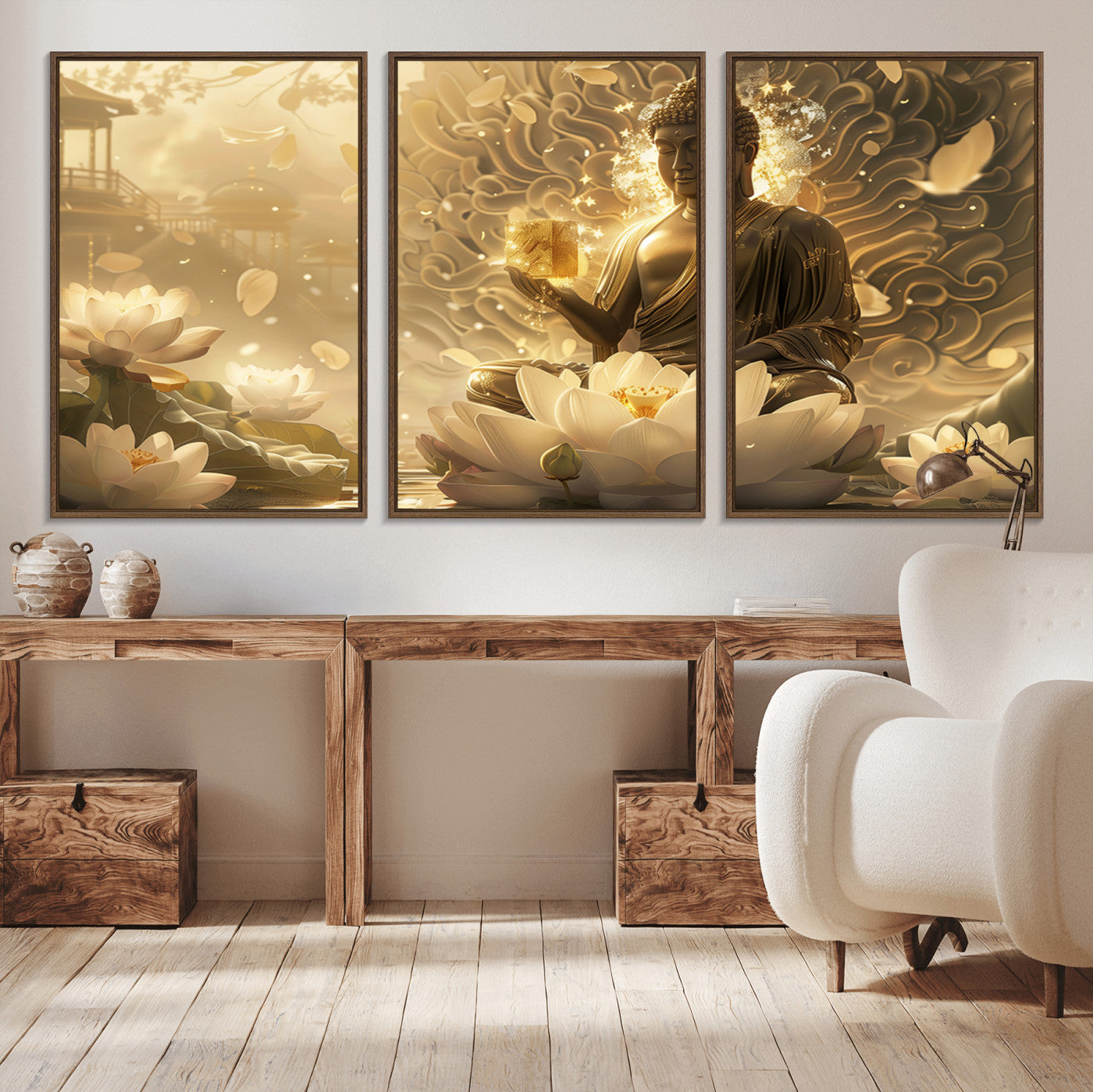 MGV-FC-60X30-3P - Golden Buddha Wall Art | Yoga Room Decor and Meditation Room Wall Art | Framed and Ready to Hang