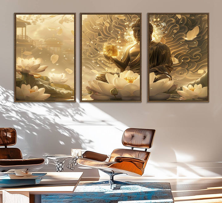 A framed Golden Buddha Wall Art with lotus flowers, ideal for meditation rooms, is beautifully displayed.