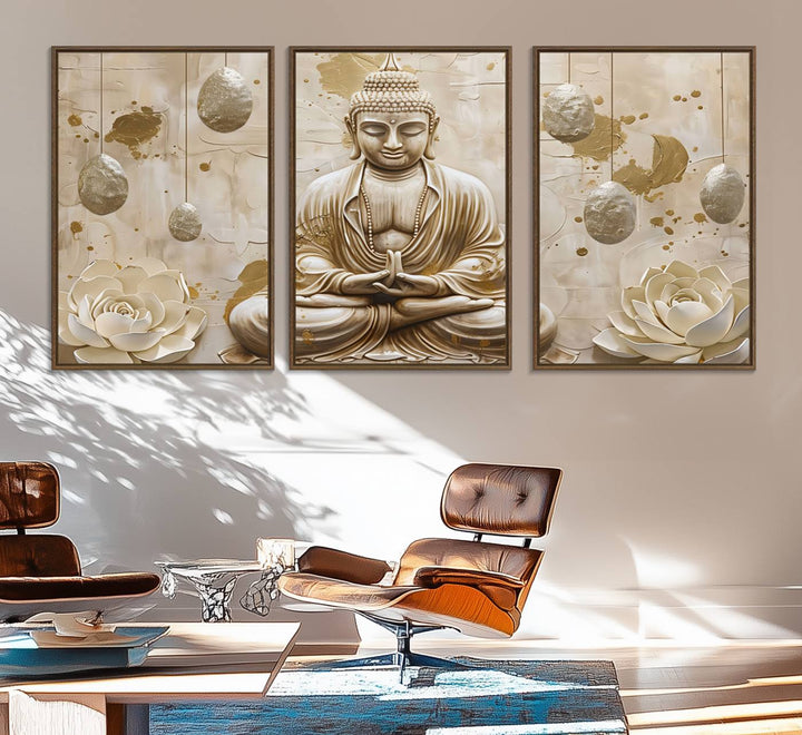 A modern Serene Buddha Wall Art, enhanced by lotus flowers, creates a tranquil atmosphere.