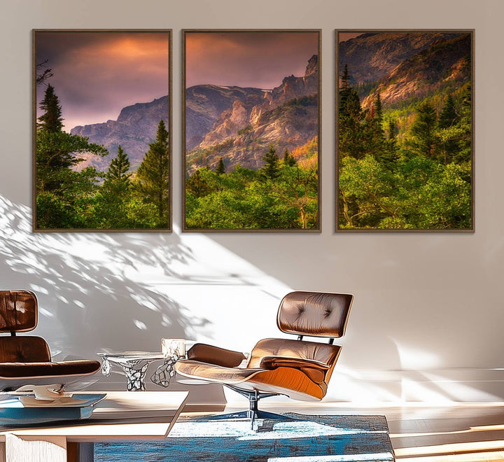 The Colorado Rockies Mountains wall art canvas print at sunset is displayed prominently.