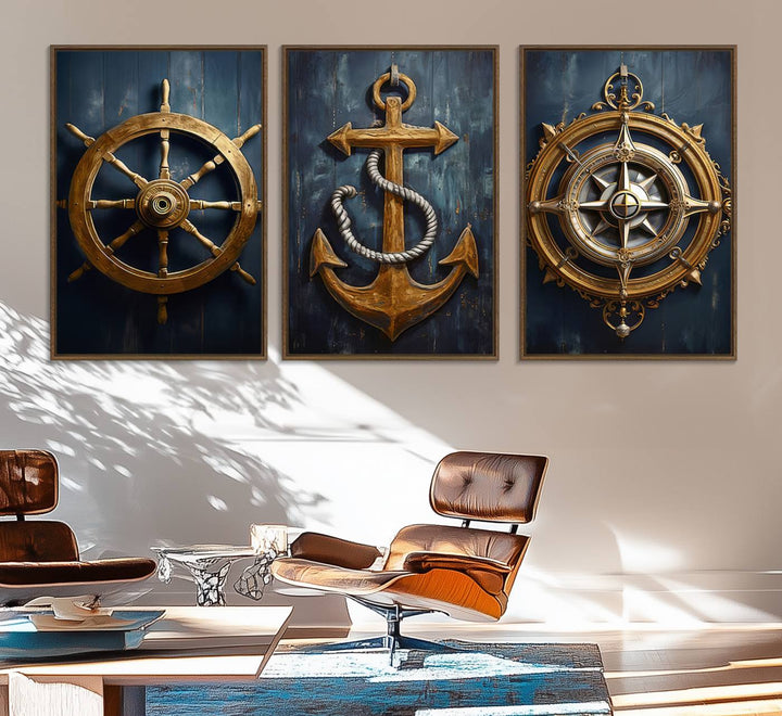 Boat Anchor Compass With Rope Wall Art: A nautical-themed canvas print.