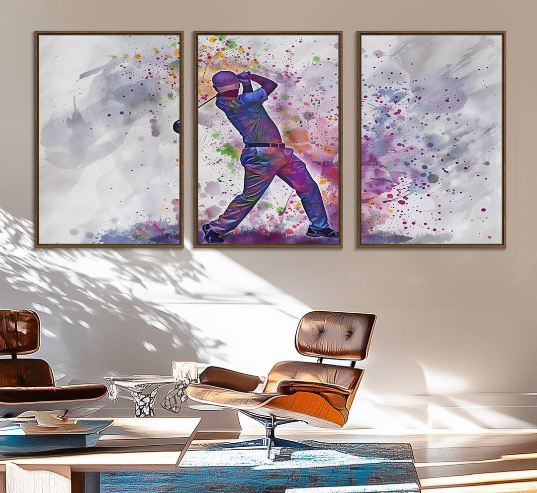 Vibrant abstract silhouette of a golf swing on white with multicolored splatters. Perfect for enthusiasts!.