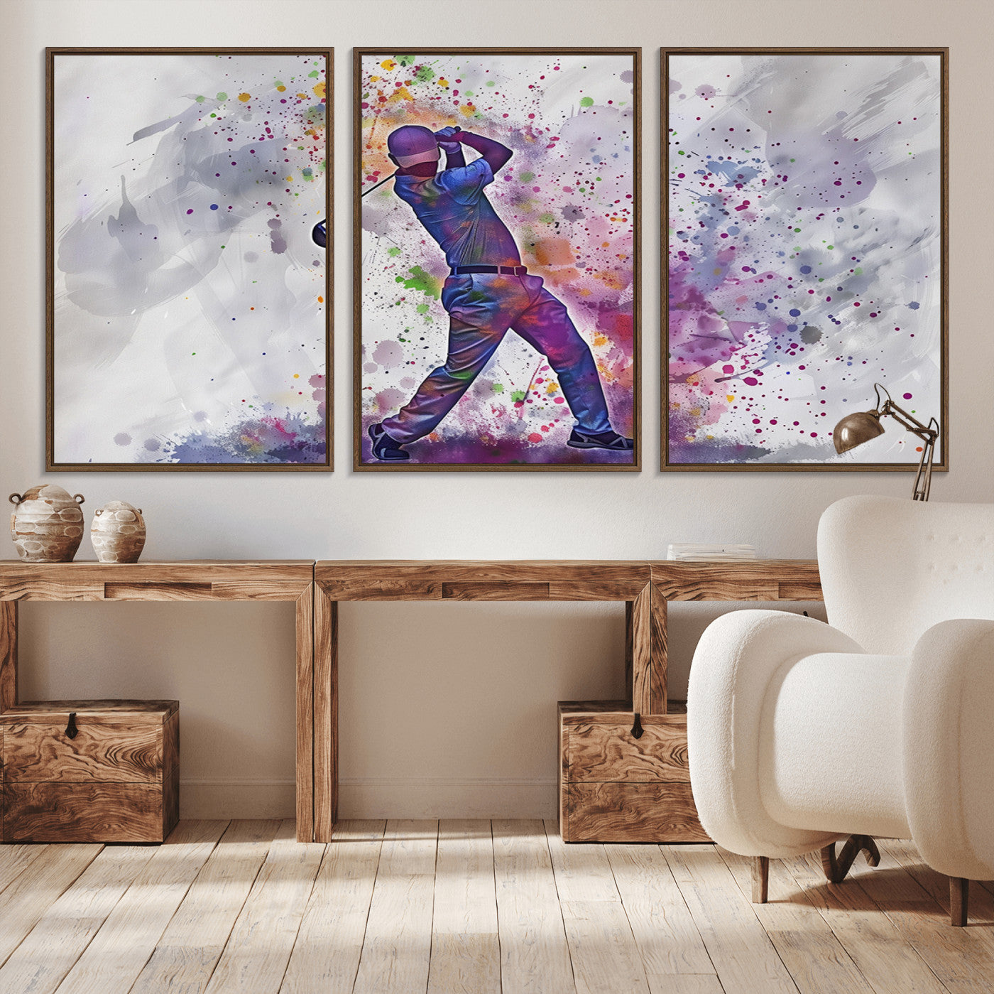 60116-MGV-CV-36X24-Watercolor Golf Swing Wall Art Canvas Print | Vibrant Abstract Golf Player Silhouette |