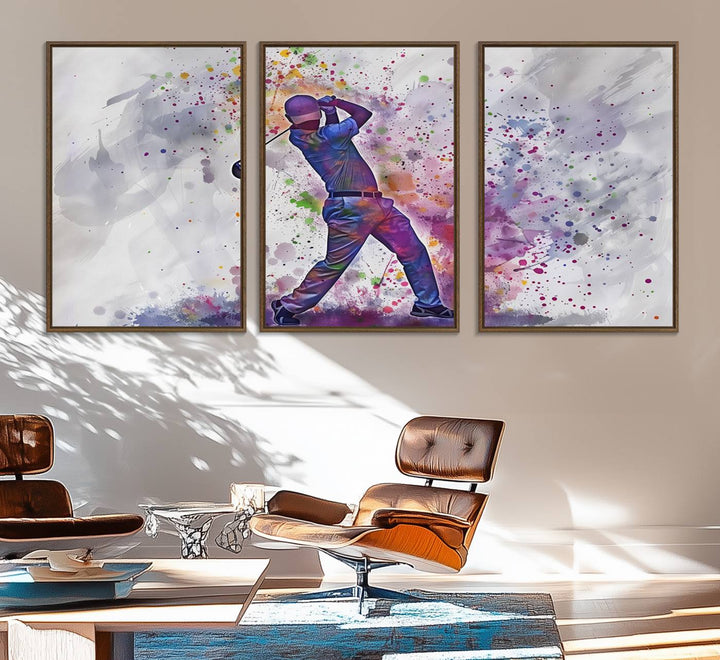 Vibrant abstract silhouette of a golf swing on white with multicolored splatters. Perfect for enthusiasts!.