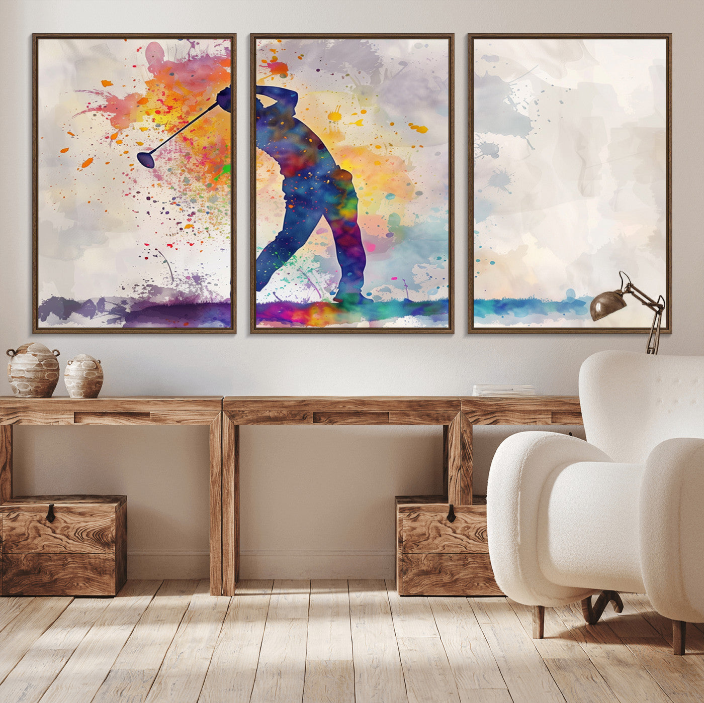 MGV-FC-60X30-3P - Watercolor Golf Swing Wall Art Canvas Print | Vibrant Abstract Golf Player Silhouette |