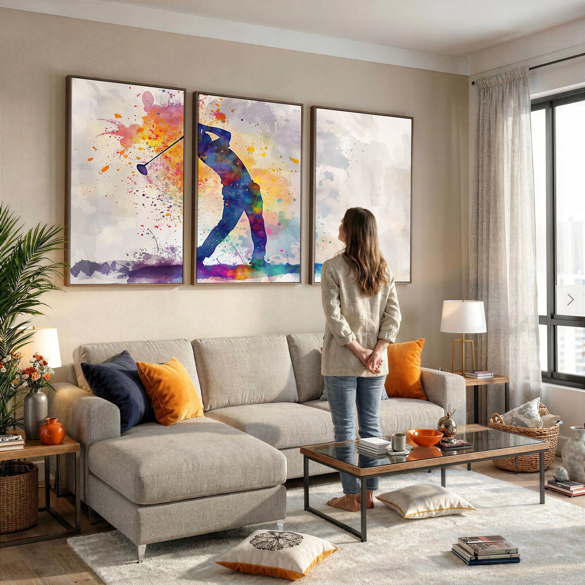 89625-MGV-CV-36X24 - Vibrant Watercolor Golf Swing Wall Art Canvas Print | Extra Large 3 Piece Canvas Wall Art
