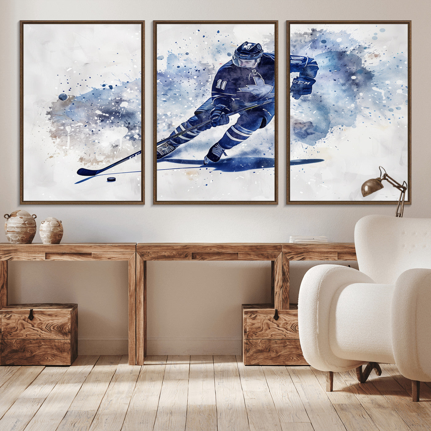 39795-MGV-CV-36X24-Hockey Player Wall Art Canvas Print - Sports-Inspired Watercolor Decor - Ready to Hang