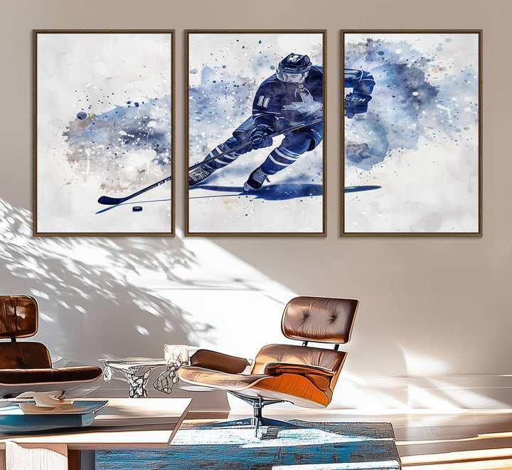 Vibrant Hockey Player Wall Art Display: Blue watercolor print.