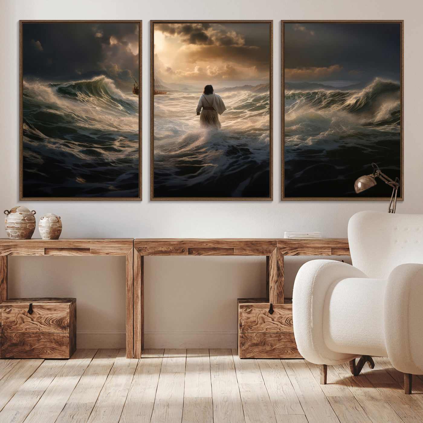 MGV-FC-60X30-3P - Jesus Walking on Water Wall Art Canvas Print - Religious Spiritual Decor - Jesus Wall Art Canvas