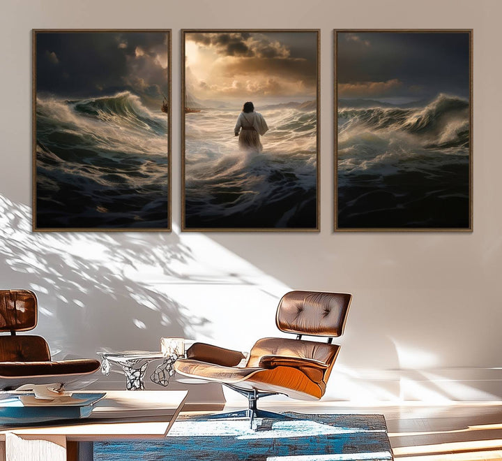 The wall art canvas print depicts a person in white striding on stormy ocean waves towards a sailboat under dramatic skies.