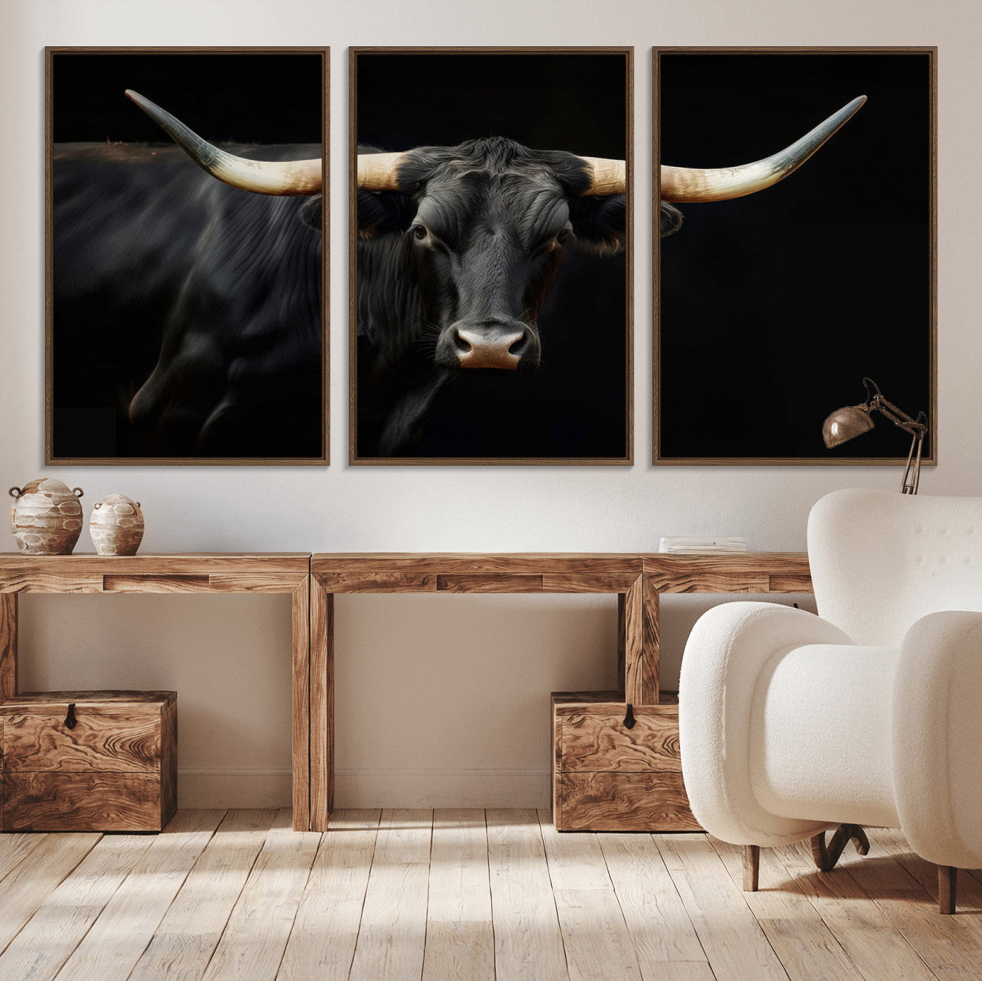 MGV-FC-60X30-3P - Texas Longhorn Cow | Majestic Black Bull Wall Art Canvas Print - Farmhouse Animal Decor - Ready to