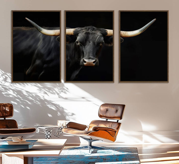 Texas Longhorn Cow | Majestic Black Bull Wall Art Canvas Print - Farmhouse Animal Decor - Ready to Hang