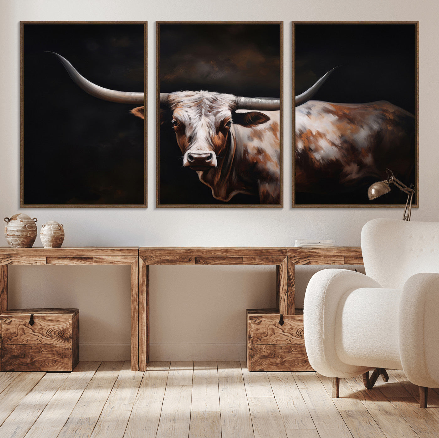 MGV-FC-60X30-3P - Texas Longhorn Wall Art Canvas Print | Western Ranch Decor | Bold Rustic Cattle Artwork | Ready to
