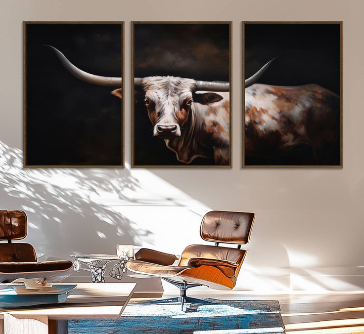 A modern kitchen featuring a Texas Longhorn Wall Art Canvas Print.