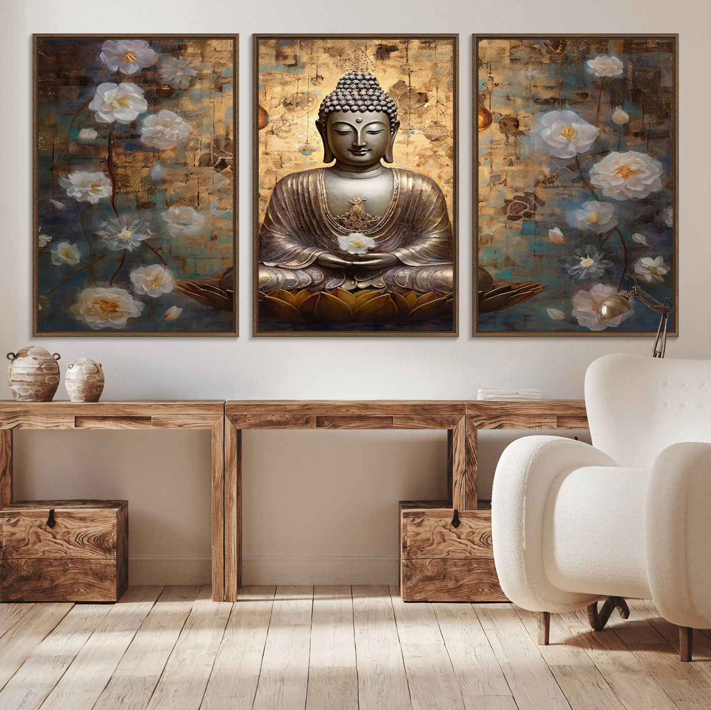 MGV-FC-60X30-3P - Golden Buddha Wall Art Canvas Print | Zen Meditation Floral Decor | Tranquil Spiritual Home Art |